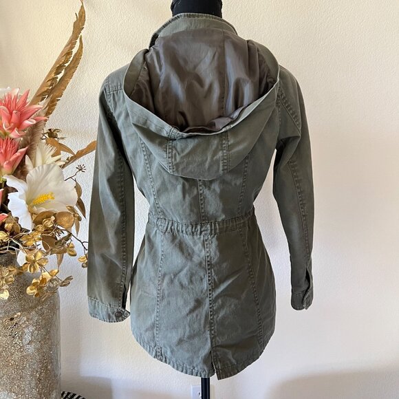Olive Green Drawstring Utility Hooded Jacket w Button and Zip Closure Y2K Small - Picture 3 of 13